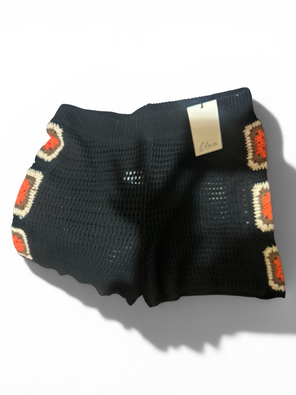 Elan Black Crochet Knit Shorts with Orange and Cream Accents